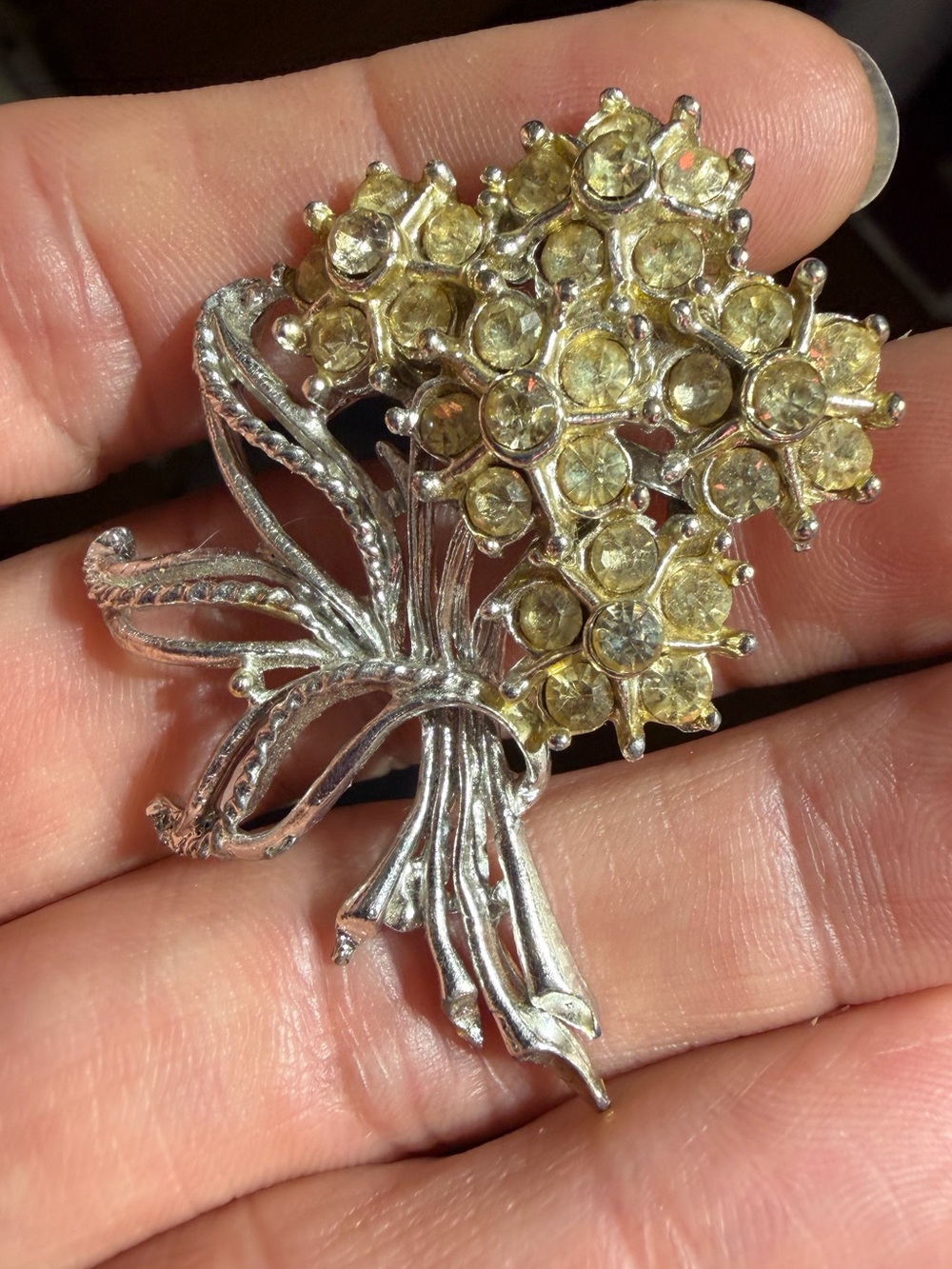 Vintage Silver Tone Yellow Crystal Floral Bouquet Brooch